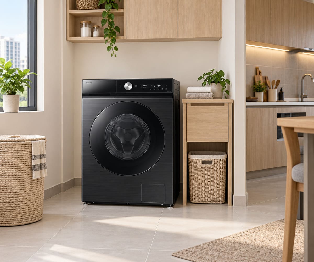 Samsung Bespoke AI Laundry Combo AI Ecobubble 12/7kg在公寓洗衣区的情境示意图
