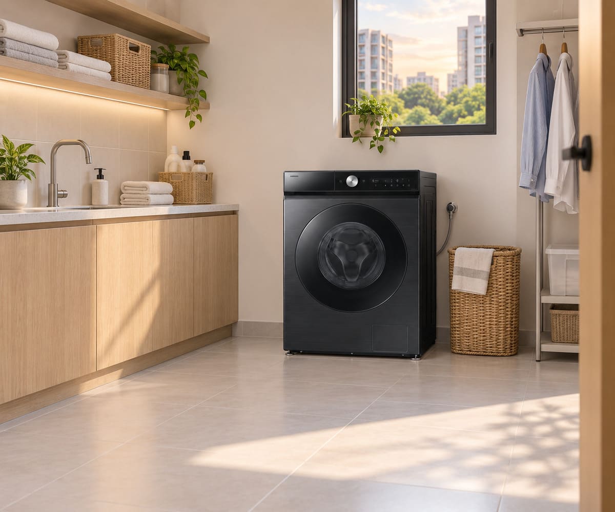 Samsung Bespoke AI Laundry Combo AI Ecobubble 12/7kg在家庭洗衣房的情境示意图